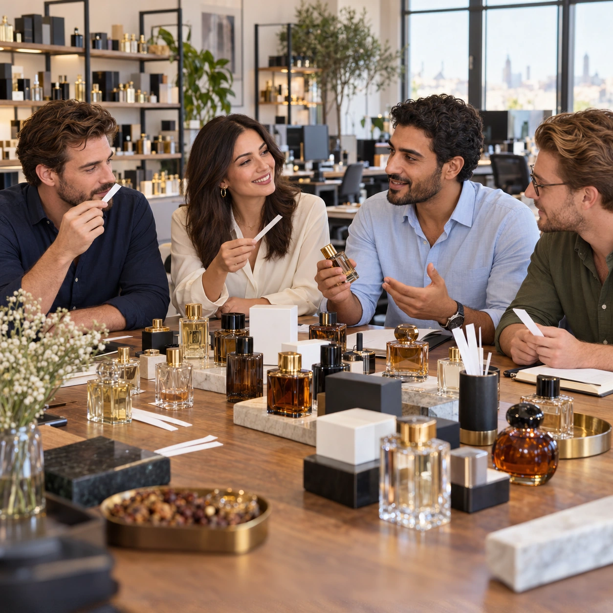 Brand team reviewing fragrance products