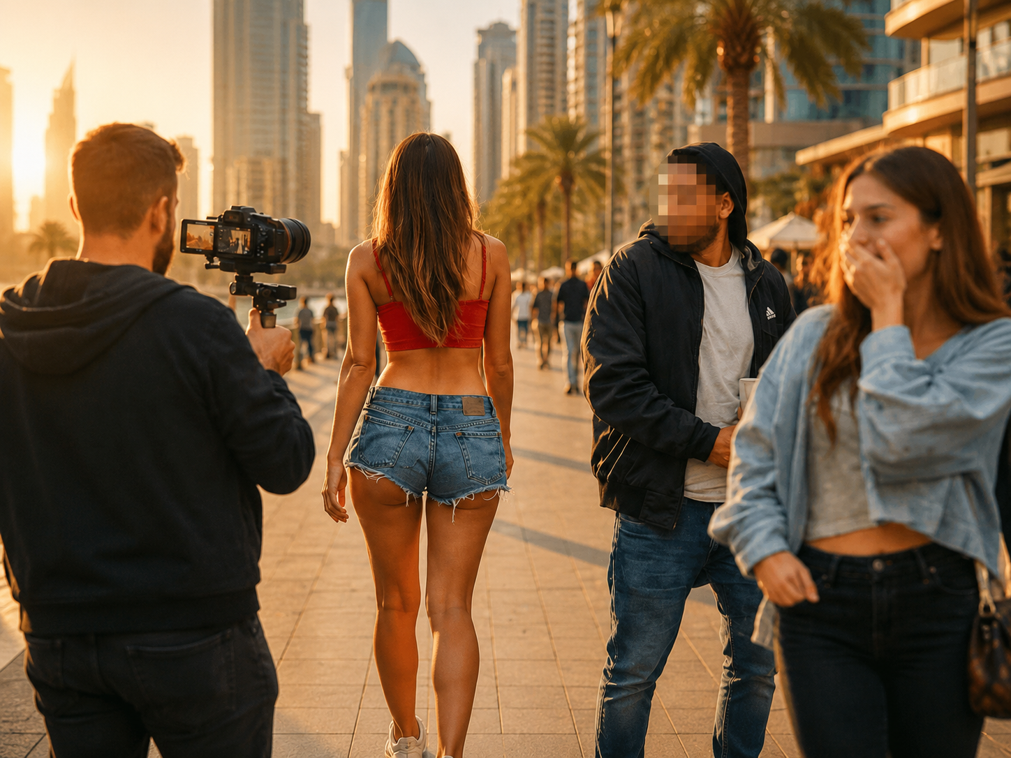 Camera operator filming pedestrians on a Dubai promenade