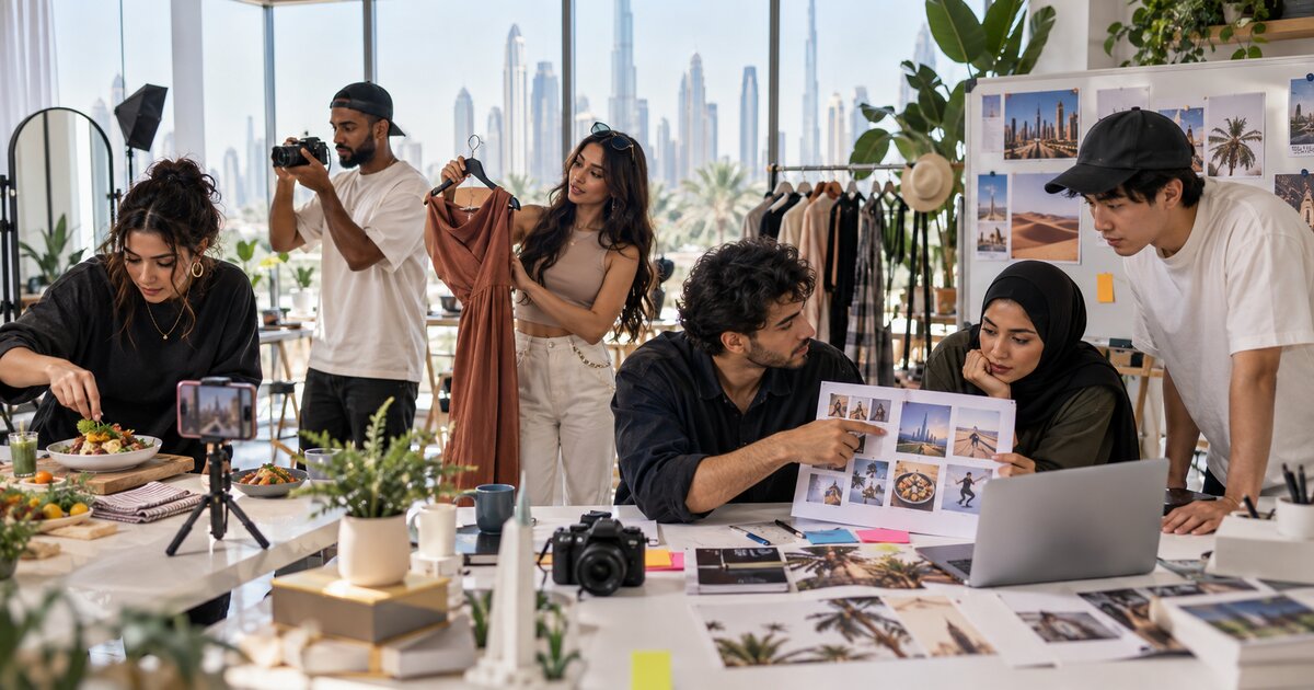 Creators filming food, fashion and studio content with the Dubai skyline behind them